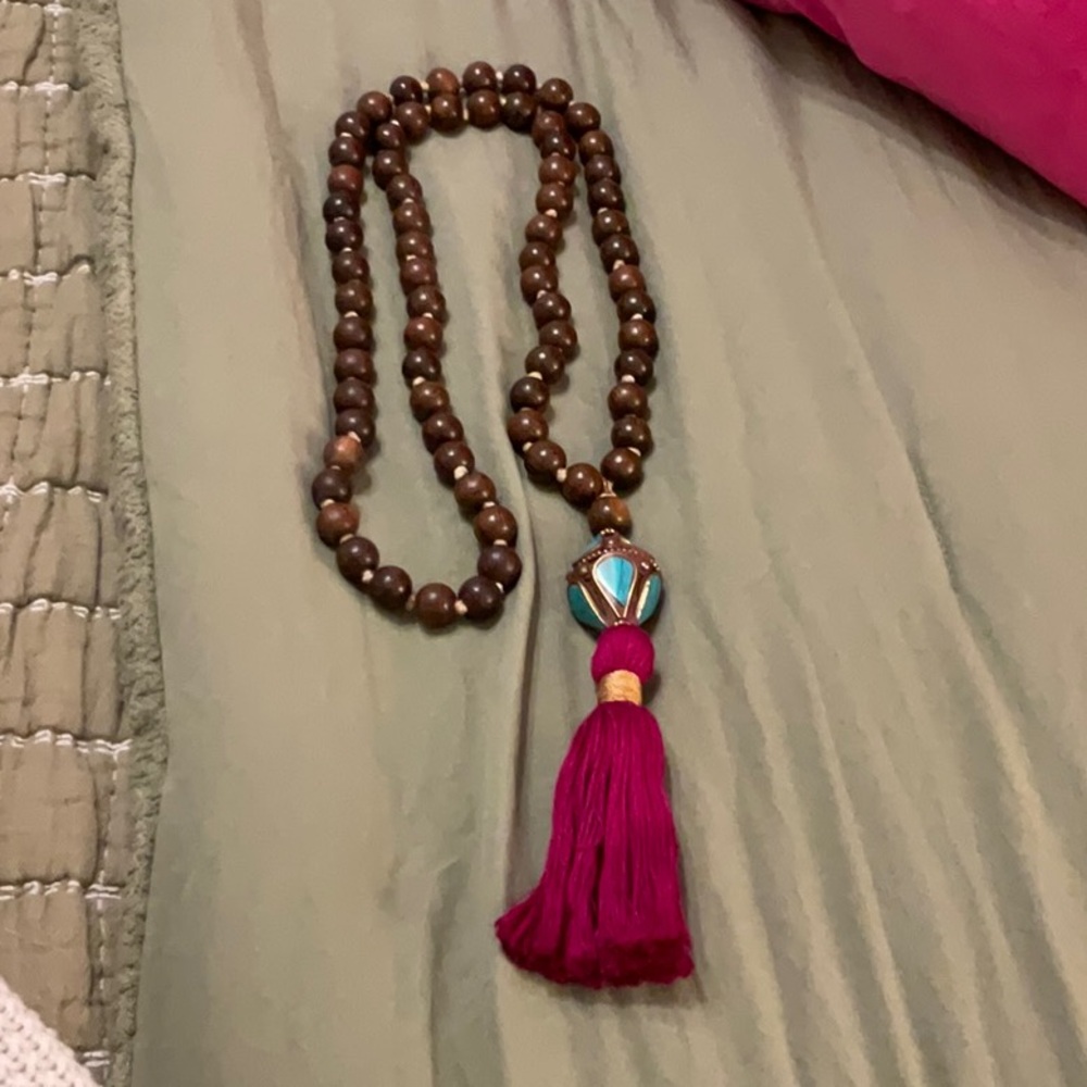 Bohemian Wooden Bead Necklace with Fuchsia Tassel